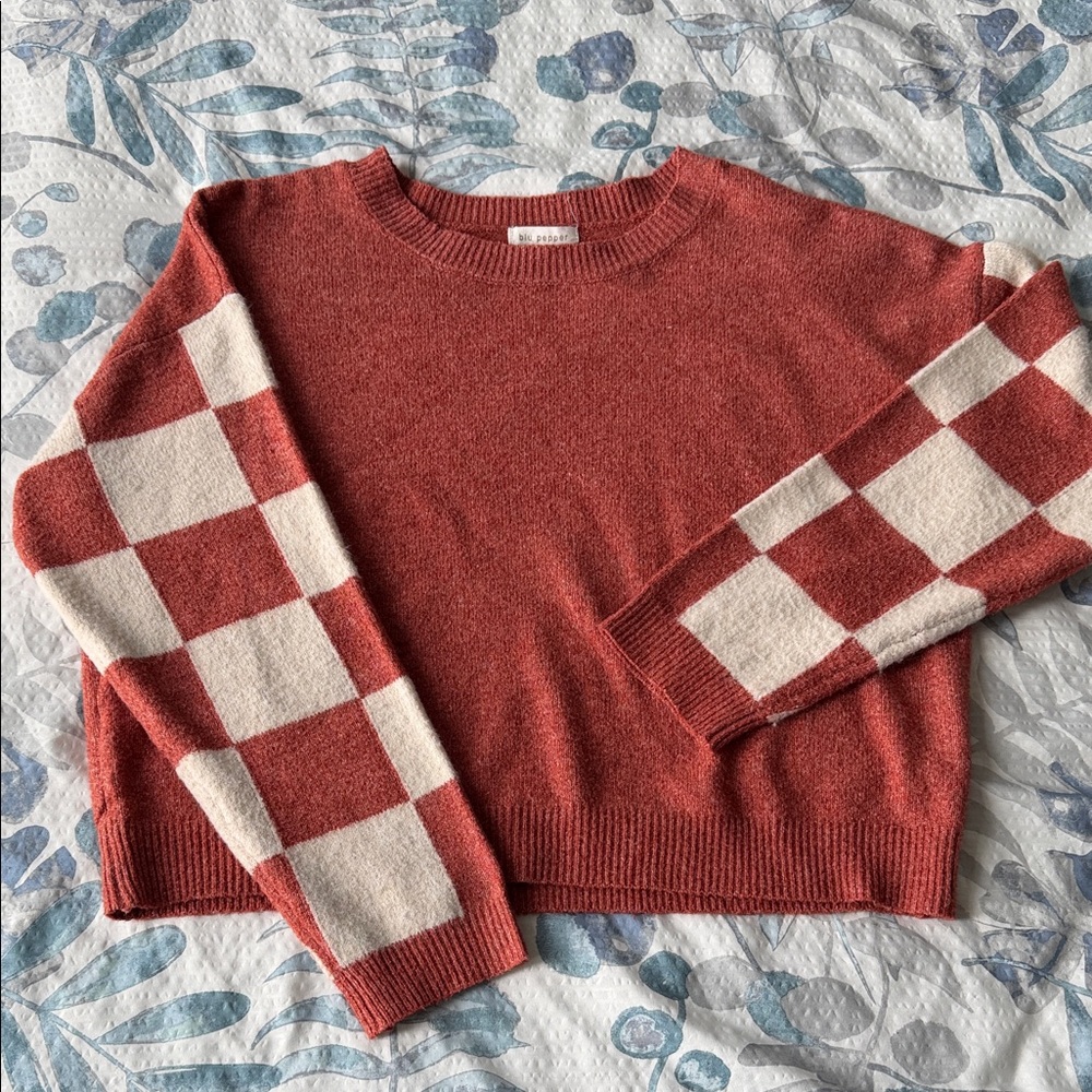 Cozy Red Checkered Sleeve Sweater